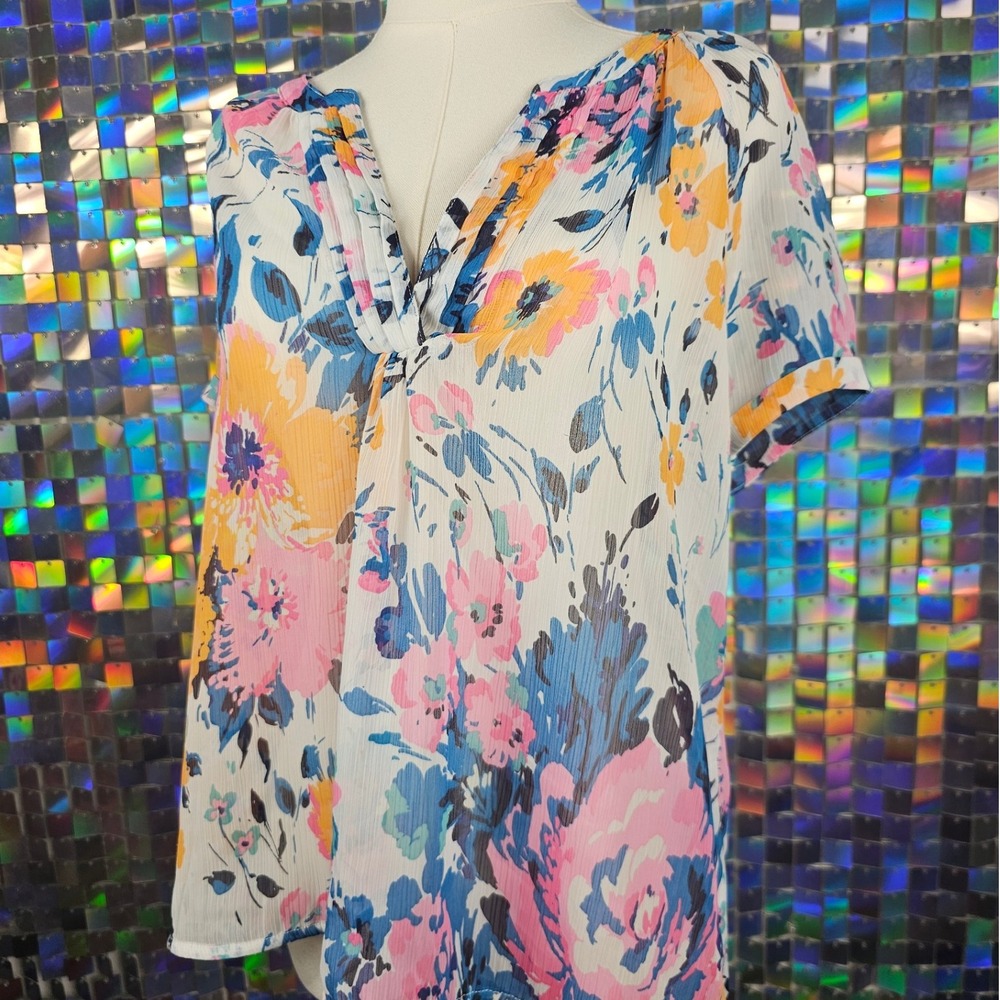 Women's Sheer Floral V-Neck Short Sleeve Tunic Top‎ Blouse - Picture 8 of 9